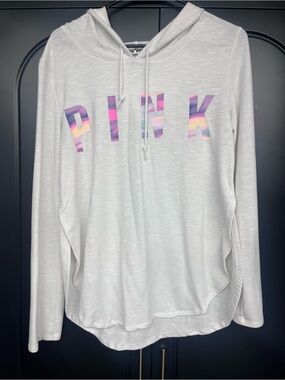 PINK Victoria's Secret White Hoodie with Pastel Multicolor 'PINK' Logo